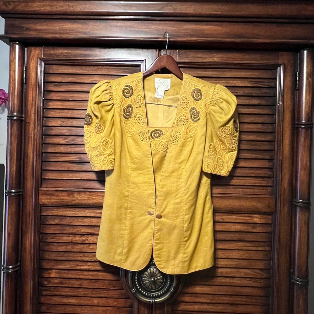 Nina Austin Vintage Mustard Yellow Embroidered Beaded Puff Sleeve Blazer Size 8